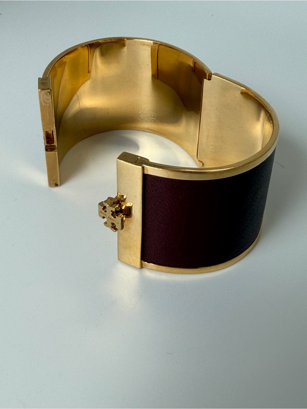 Tory Burch Burgundy Leather Gold Tone Wide Cuff Bracelet - Picture 2 of 9